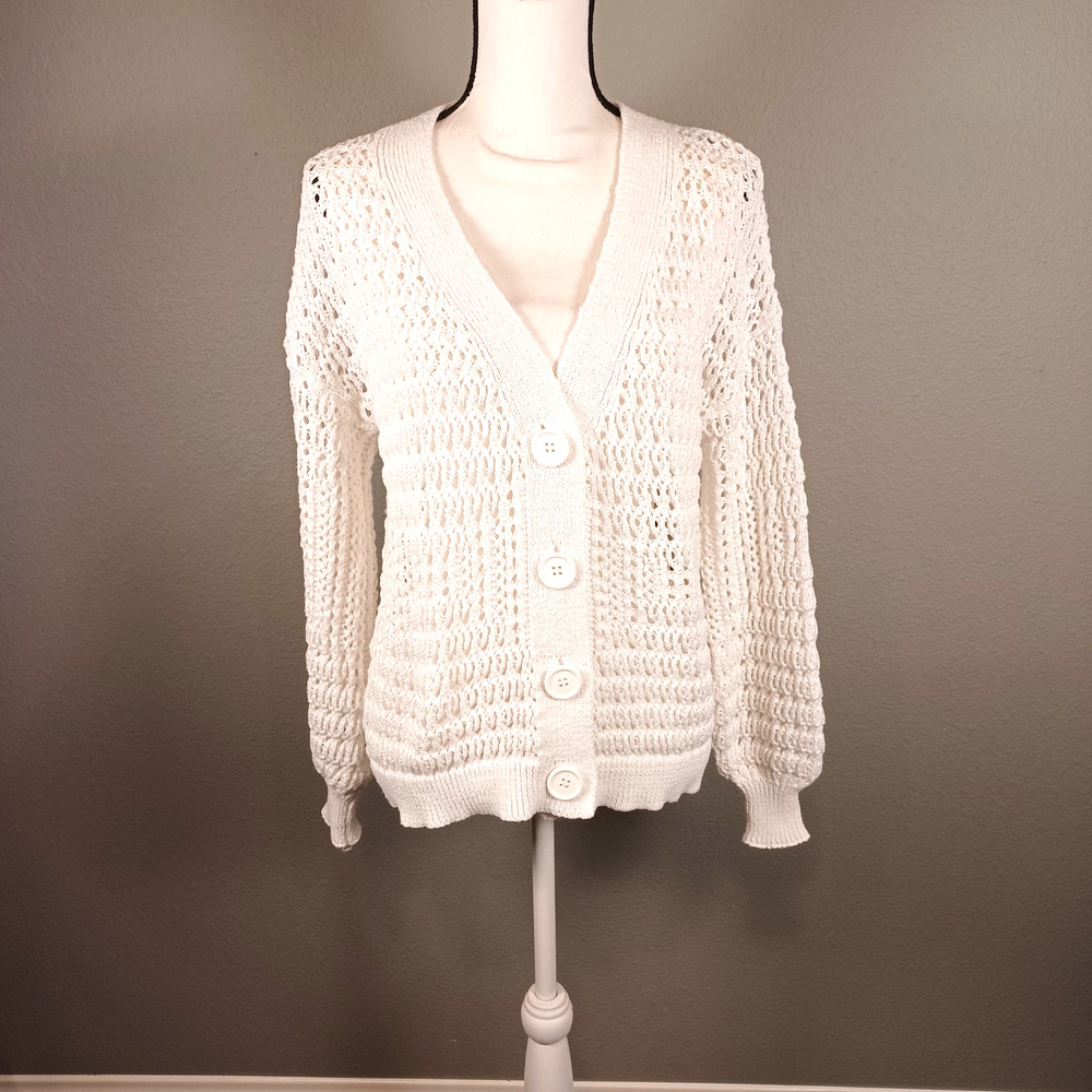 Daytrip Chunky Knit White Crochet Cardigan - Size XS